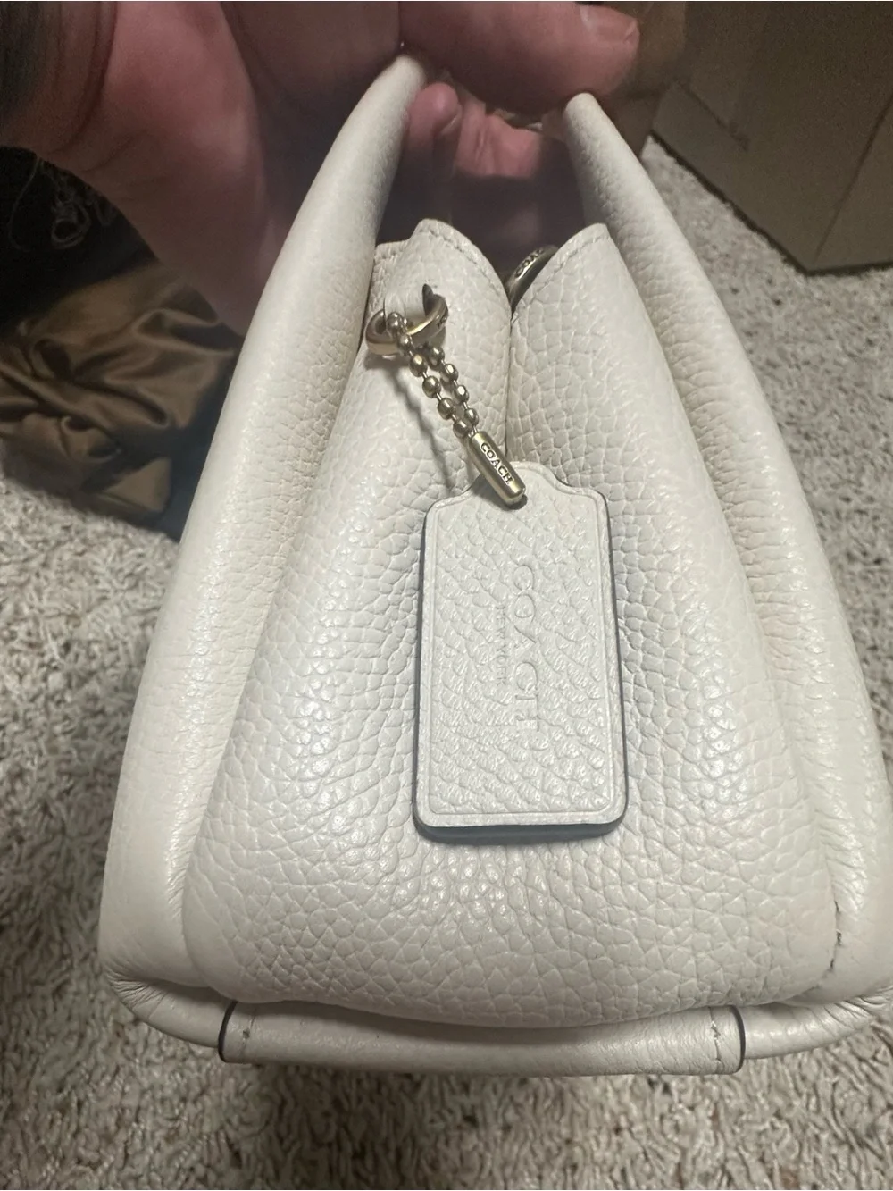 Coach White Pebbled Leather Mini Top-Handle Bag with Gold Accent